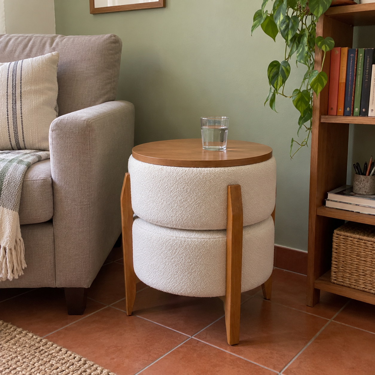 Puff bege como mesa de apoio em um canto de leitura